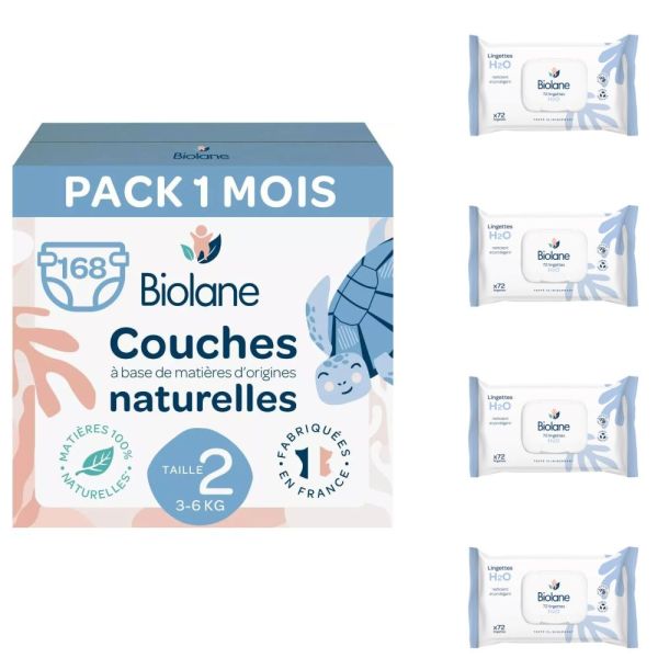 Couches bébé taille 2 Pack 1 mois 168 couches + 4 x 72 lingettes