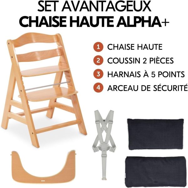Pack Chaise haute évolutive Alpha+ Naturelle + Coussin Deluxe Noir