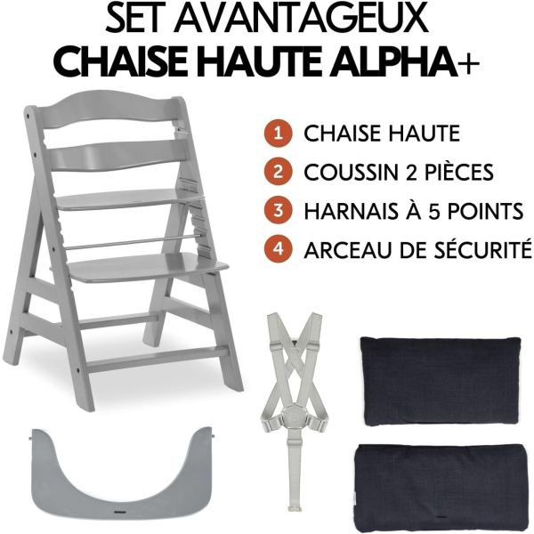Pack Chaise haute évolutive Alpha+ Grise + Coussin Deluxe Noir