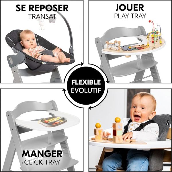 Pack Chaise haute évolutive Alpha+ Grise + Coussin Deluxe Noir