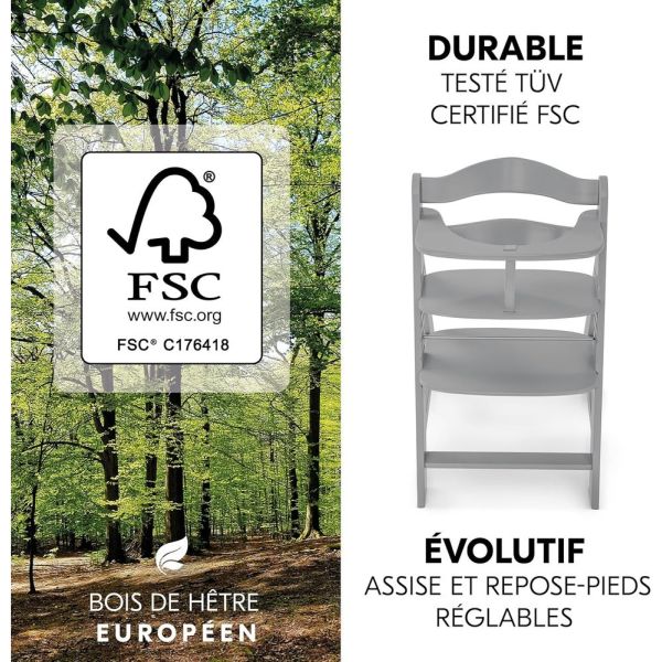 Pack Chaise haute évolutive Alpha+ Grise + Coussin Deluxe Noir