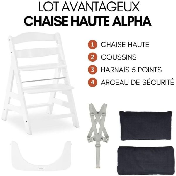 Pack Chaise haute évolutive Alpha+ Blanc + Coussin Deluxe Noir