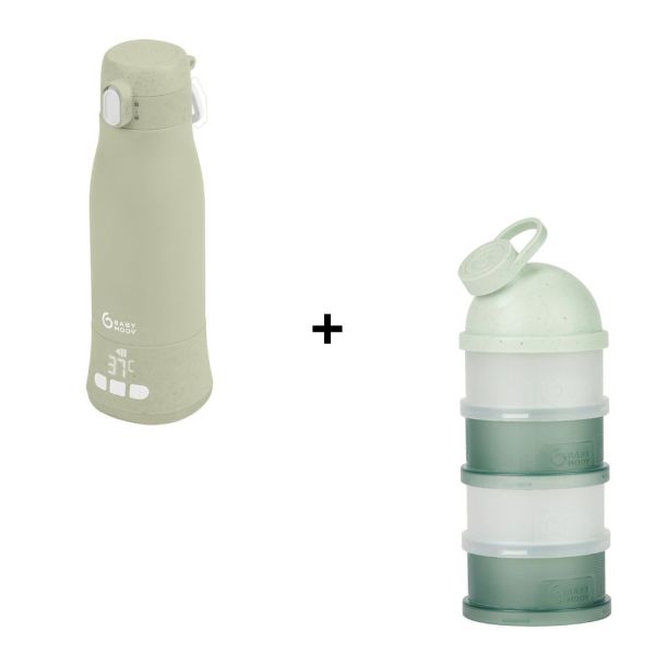 Pack chauffe biberon nomade Moov and Feed Vert Sauge + boîte doseuse Babydose