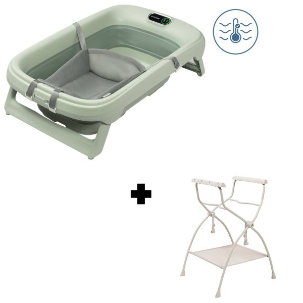 Baignoire Indigo Plus + Insert nouveau-né Sage Green + Support de baignoire