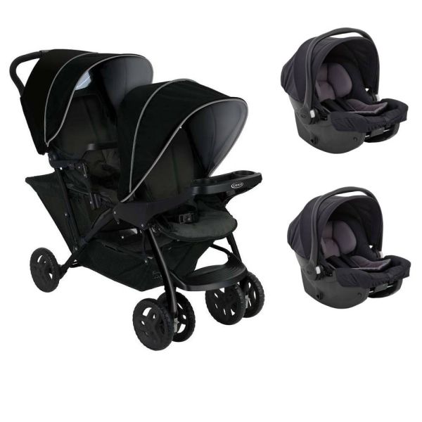 Poussette duo Stadium double Black grey + 2 sièges auto SnugEssentials Midnight