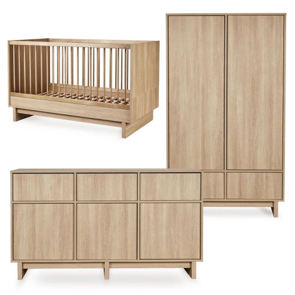 Chambre bébé trio Kyo lit 70 x 140 cm + commode XL + armoire Honey Ash