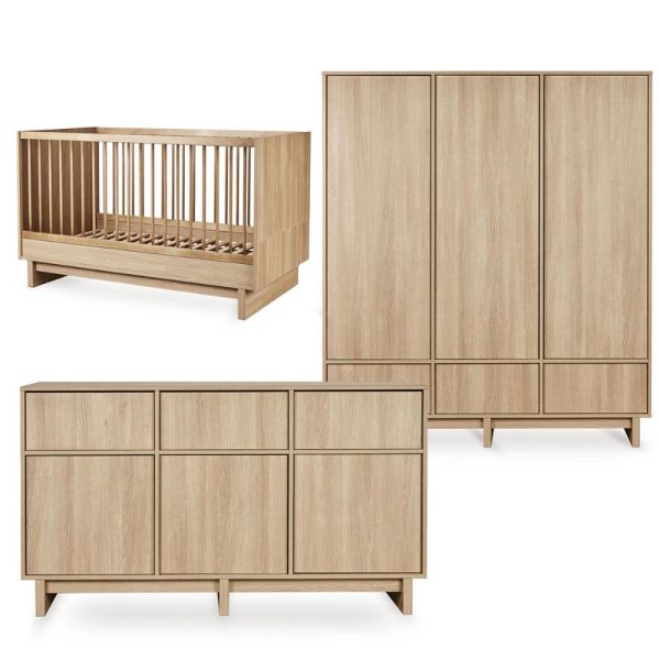 Chambre bébé trio Kyo lit 70 x 140 cm + commode XL + armoire XL Honey Ash