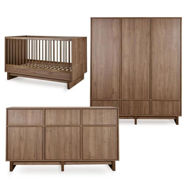 Chambre bébé trio Kyo lit 70 x 140 cm + commode XL + armoire XL Walnut