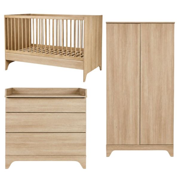 Chambre bébé trio Tsugi lit 70 x 140 cm  + armoire + commode avec plan à langer Honey Ash