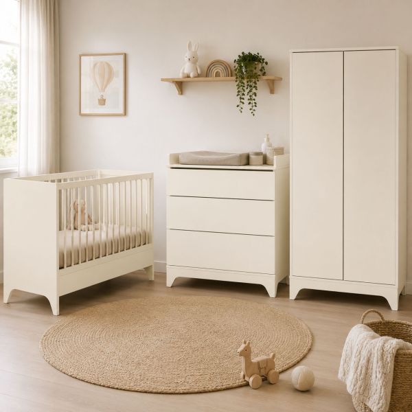 Chambre bébé trio Tsugi lit 70 x 140 cm + armoire + commode avec plan à langer  Butter