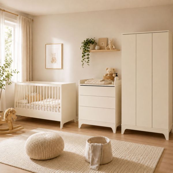 Chambre bébé trio Tsugi lit 70 x 140 cm armoire XL + commode avec plan à langer Butter