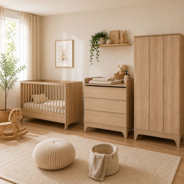 Chambre bébé trio Tsugi lit 70 x 140 cm + armoire XL+ commode avec plan à langer  Honey Ash