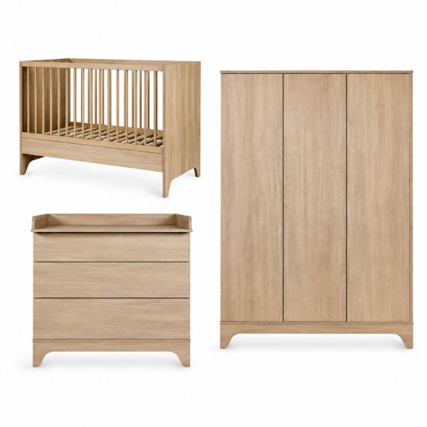 Chambre bébé trio Tsugi lit 70 x 140 cm + armoire XL+ commode avec plan à langer  Honey Ash