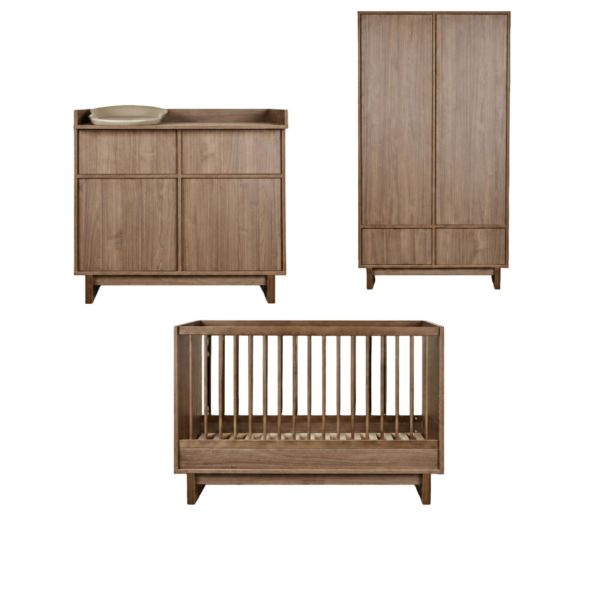 Chambre trio Kyo lit bébé évolutif 70 x 140 cm + armoire + commode avec plan à langer - Walnut