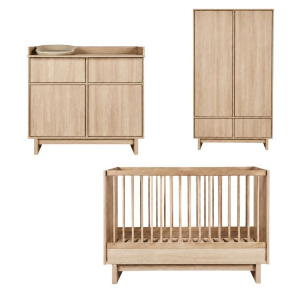 Chambre trio Kyo lit bébé évolutif 70 x 140 cm + armoire + commode avec plan à langer - Honey Ash