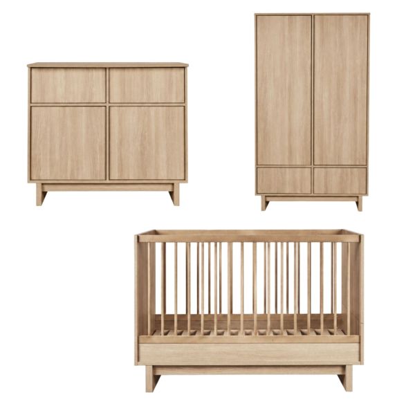 Chambre trio Kyo lit bébé évolutif 70 x 140 cm + armoire + commode avec plan à langer - Honey Ash