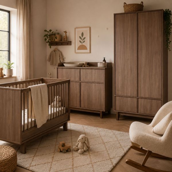 Chambre trio Kyo lit bébé évolutif 70 x 120 cm + armoire + commode avec plan à langer - Walnut