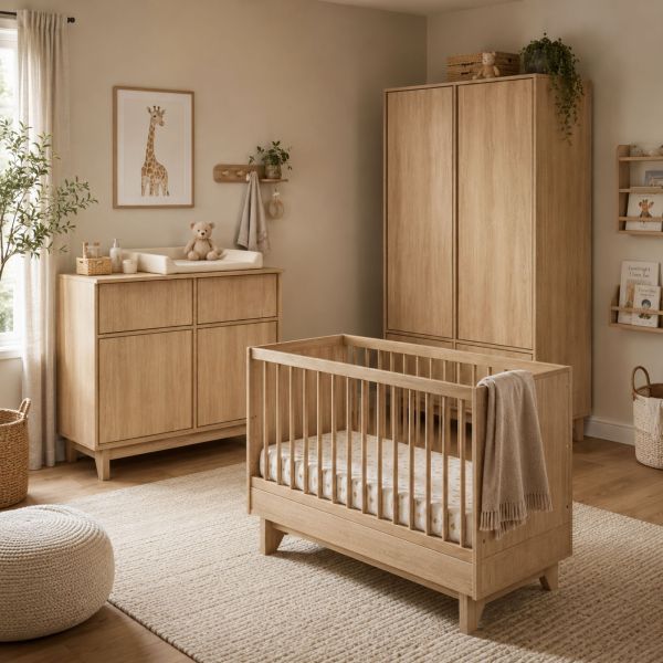 Chambre trio Kyo lit bébé évolutif 70 x 120 cm + armoire + commode avec plan à langer - Honey Ash