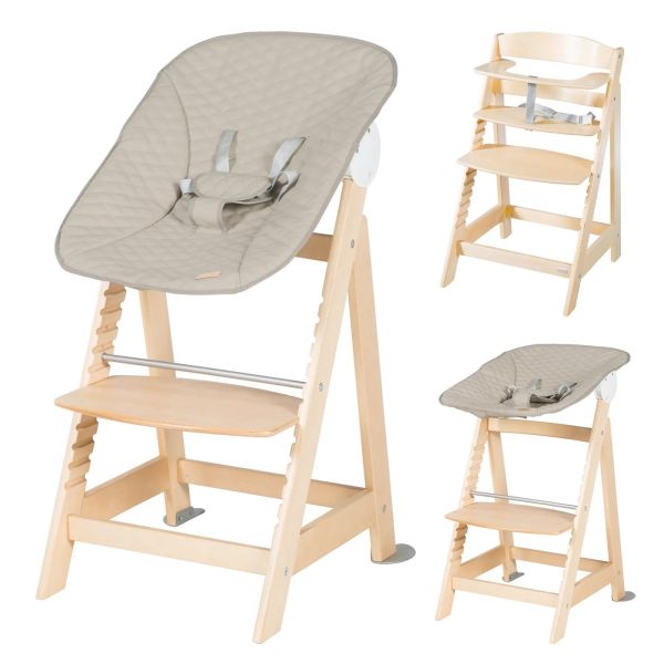 Pack chaise haute évolutive 2-en-1 Born Up naturel Greyish matelassé et tapis anti-éclaboussures