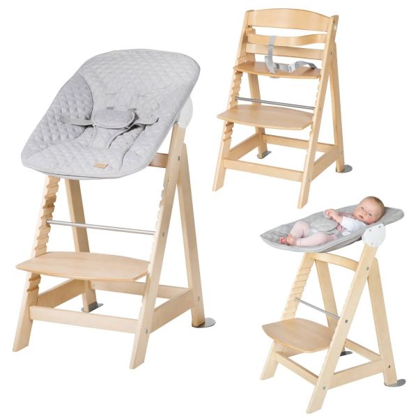 Pack chaise haute évolutive 2-en-1 Born Up naturel gris et tapis anti-éclaboussures