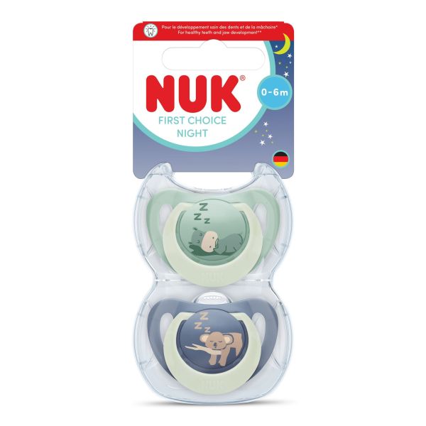 Lot de 2 sucettes nuit phosphorescentes First Choice 0-6 mois Hippo-Koala