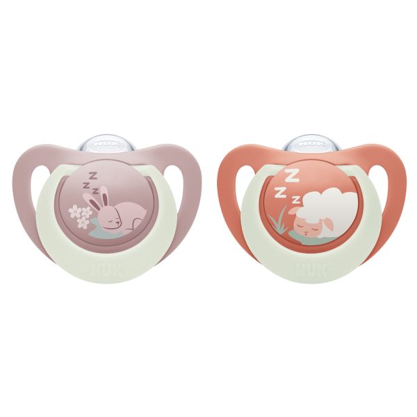 Lot de 2 sucettes nuit phosphorescentes First Choice 0-6 mois Lapin-Mouton