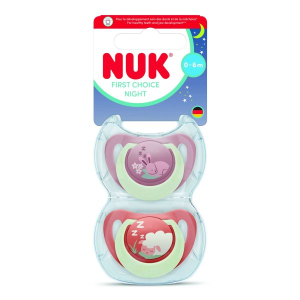 Lot de 2 sucettes nuit phosphorescentes First Choice 0-6 mois Lapin-Mouton