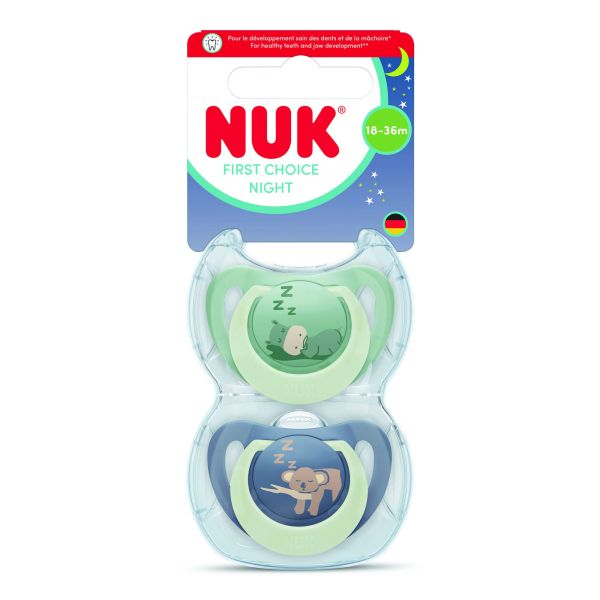 Lot de 2 sucettes nuit phosphorescentes First Choice 18-36 mois Hippo/Koala