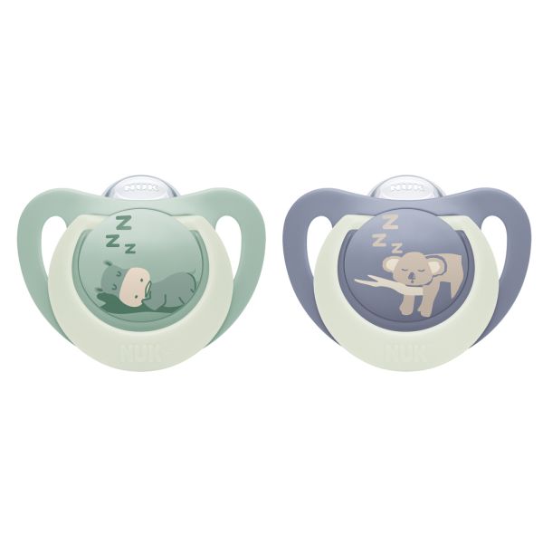 Lot de 2 sucettes nuit phosphorescentes First Choice 6-18 mois Hippo/Koala