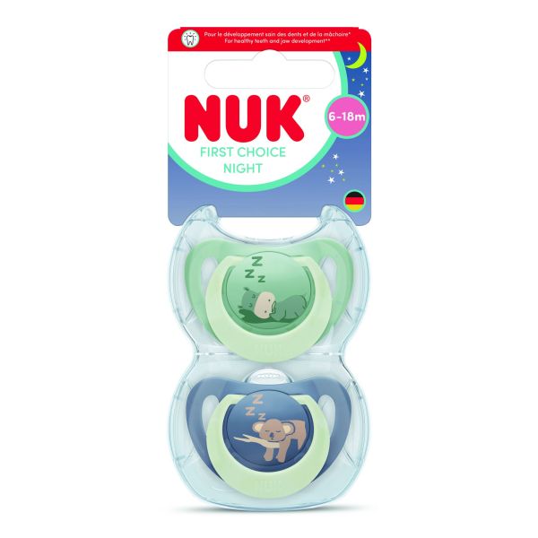 Lot de 2 sucettes nuit phosphorescentes First Choice 6-18 mois Hippo/Koala