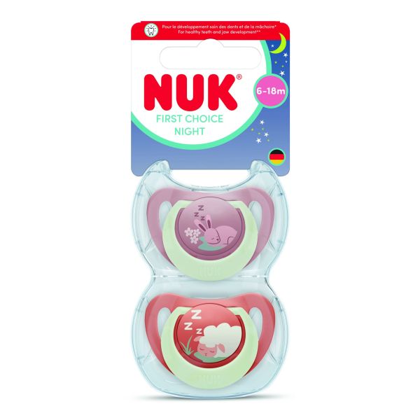 Lot de 2 sucettes nuit phosphorescentes First Choice 6-18 mois Lapin/Mouton