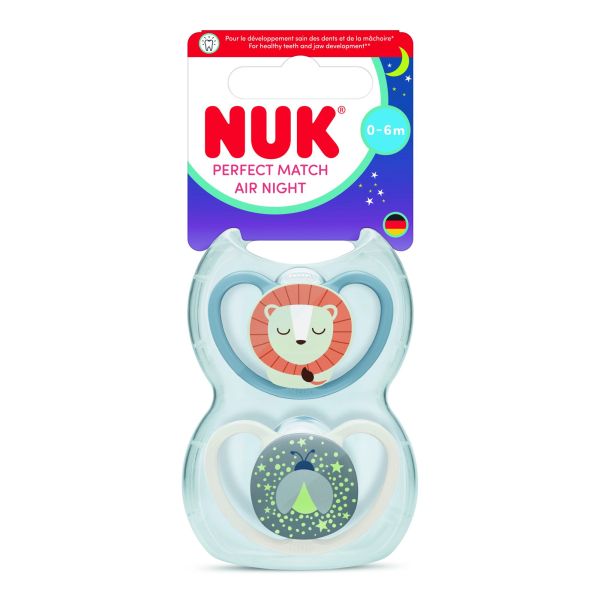 Lot de 2 sucettes Perfect Match Air Nuit 0-6 mois Lion