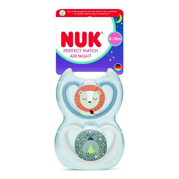 Lot de 2 sucettes Perfect Match Air Nuit 6-18 mois Lion