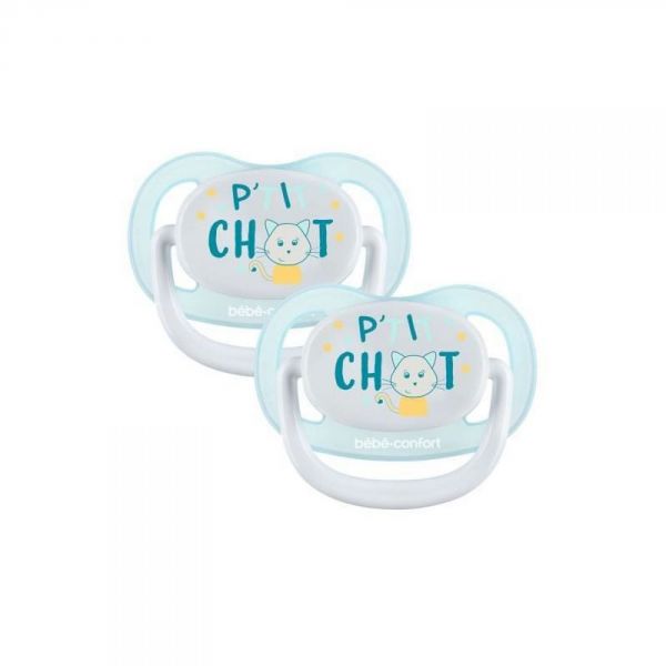 Lot de 2 sucettes physiologiques Air Confort 0-6 mois P'tit chat bleu et jaune
