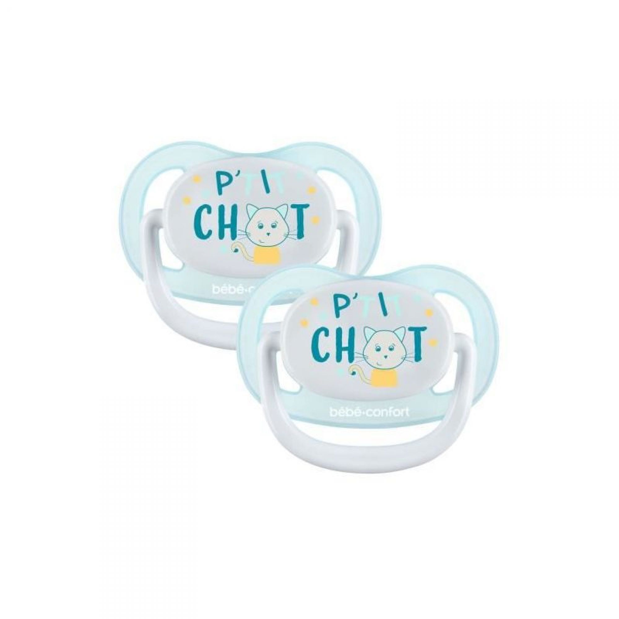 Bebe Confort Lot De 2 Sucettes Physiologiques Air Confort 0 6 Mois P Tit Chat Bleu Et Jaune Made In Bebe