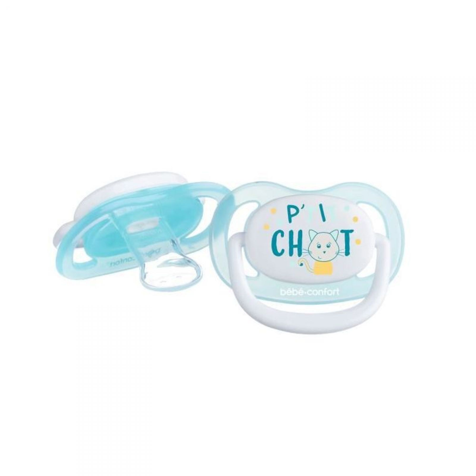 Bebe Confort Lot De 2 Sucettes Physiologiques Air Confort 0 6 Mois P Tit Chat Bleu Et Jaune Made In Bebe