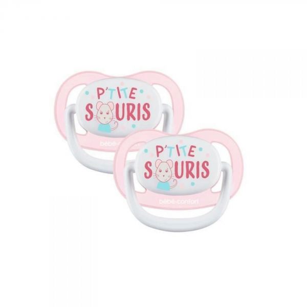 Lot de 2 sucettes physiologiques Air Confort 6-18 mois P'tite souris bleu et rose