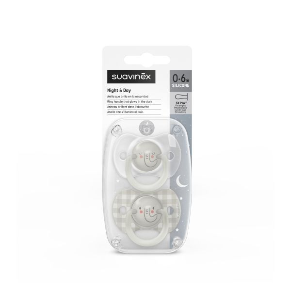 Lot de 2 sucettes symétriques SX Pro Night&Day Éléphant 0/6 Mois