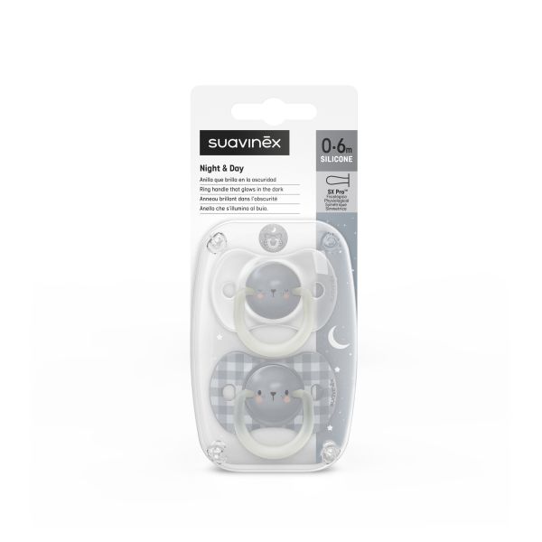 Lot de 2 sucettes symétriques SX Pro Night&Day Ours 0/6 Mois
