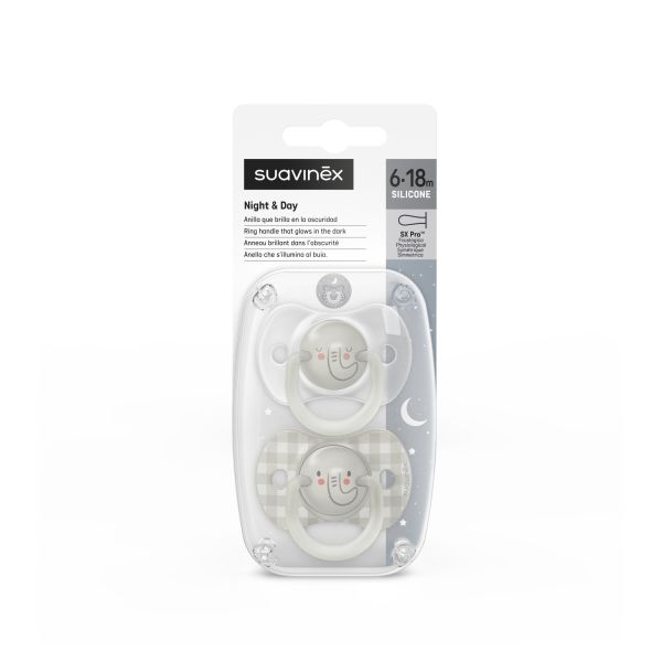 Lot de 2 sucettes symétriques SX Pro Night&Day Éléphant 6/18 Mois