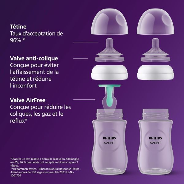 Coffret de 4 biberons natural response + 1 sucette ultra-douce 0-6 mois + 1 goupillon