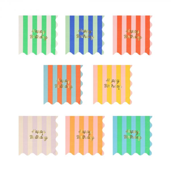 Lot de 16 grandes serviettes Happy Birthday à rayures