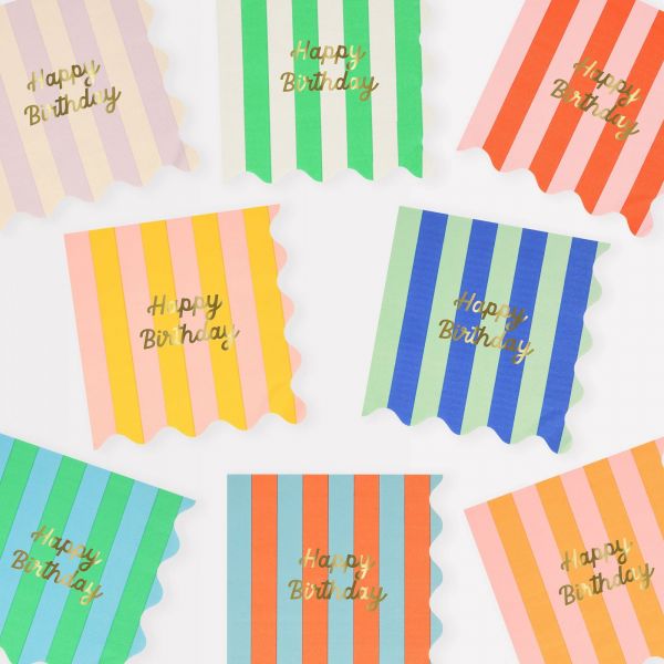 Lot de 16 grandes serviettes Happy Birthday à rayures