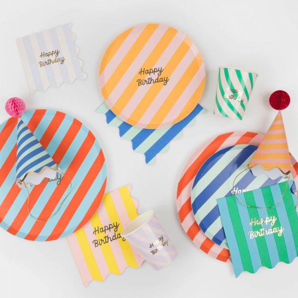 Lot de 16 petites serviettes Happy Birthday à rayures