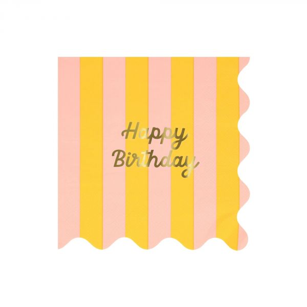 Lot de 16 petites serviettes Happy Birthday à rayures