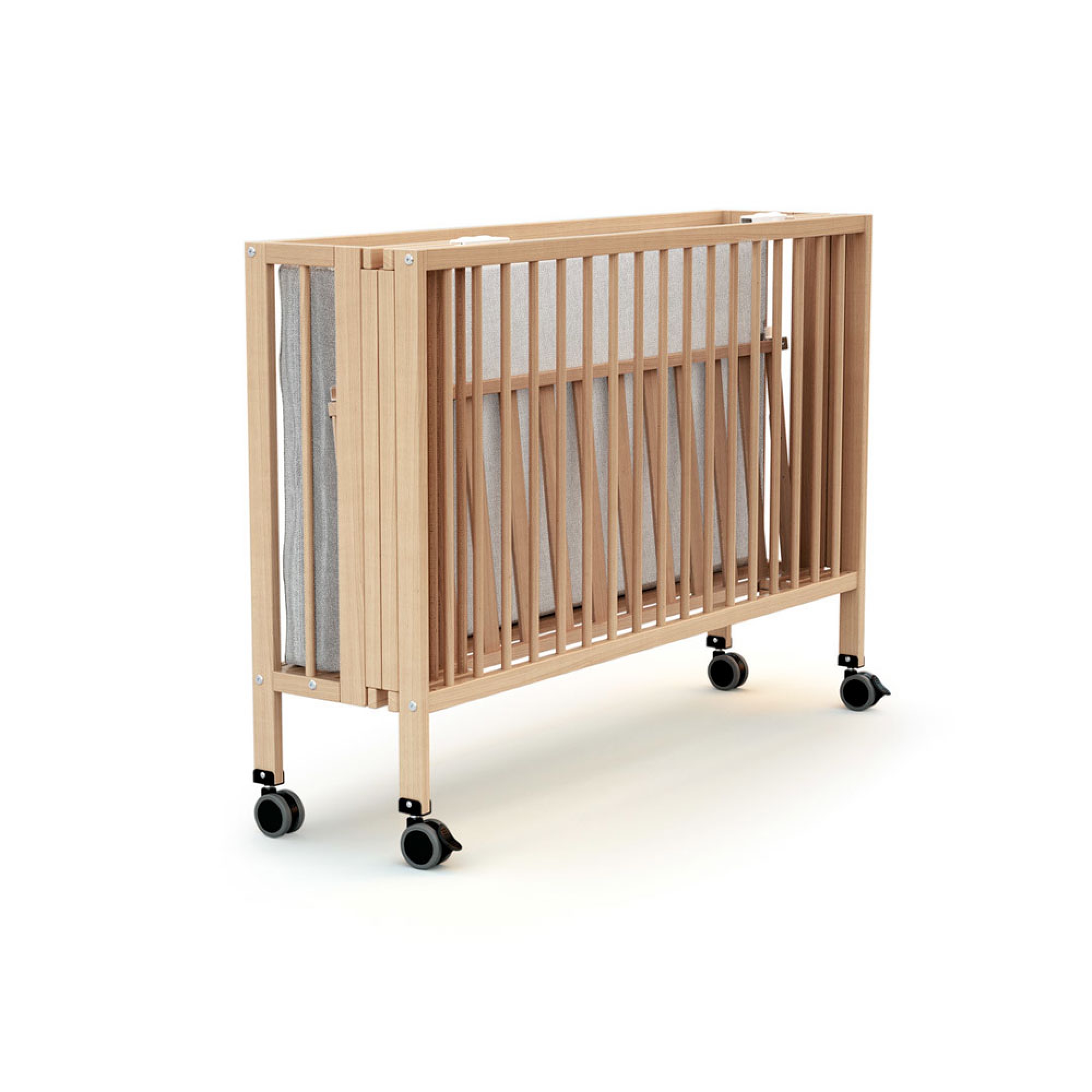 Lit bébé pliant en bois vernis naturel avec matelas et housse (le