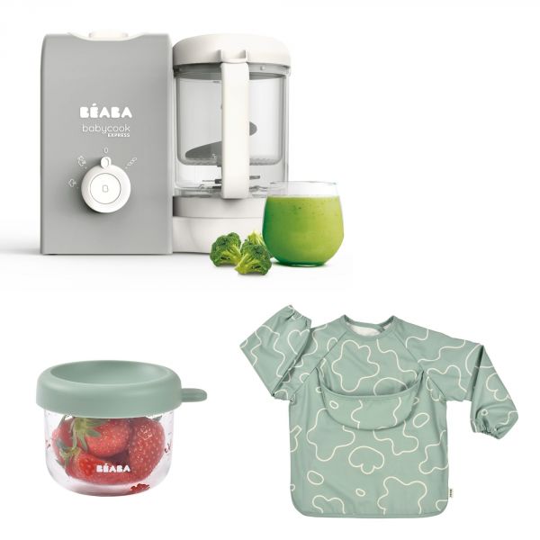 Robot Babycook Express Gris Velours + Bavoir à manches évolutif et 2 en 1 Sage green + Portion Verre Vert Sauge 150ml