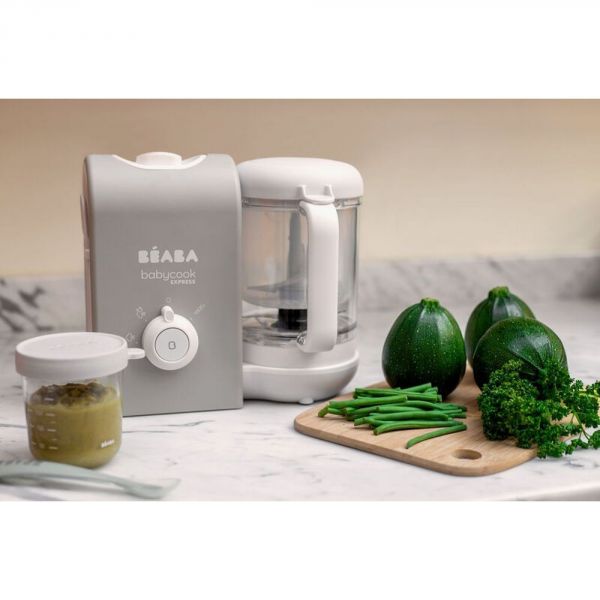 Robot Babycook Express Gris Velours + Bavoir à manches évolutif et 2 en 1 Sage green + Portion Verre Vert Sauge 150ml