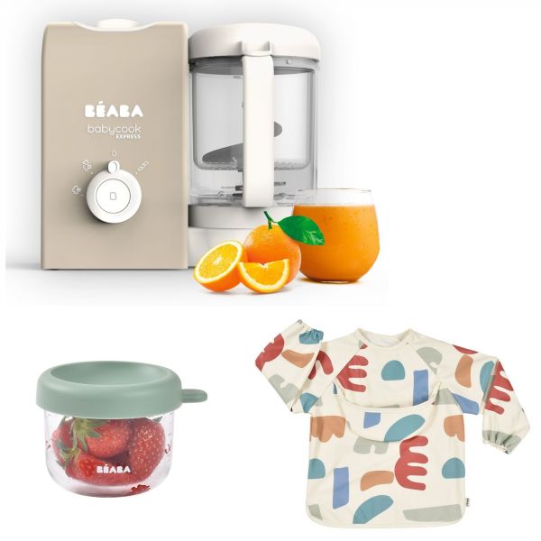 Robot Babycook Express Terre d'argile + Bavoir à manches évolutif et 2 en 1 Playful + Portion Verre Vert Sauge 150ml