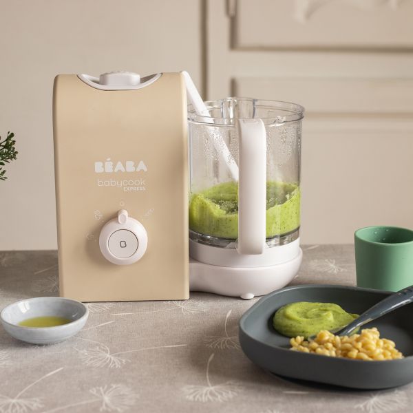 Robot Babycook Express Terre d'argile + Bavoir à manches évolutif et 2 en 1 Playful + Portion Verre Vert Sauge 150ml